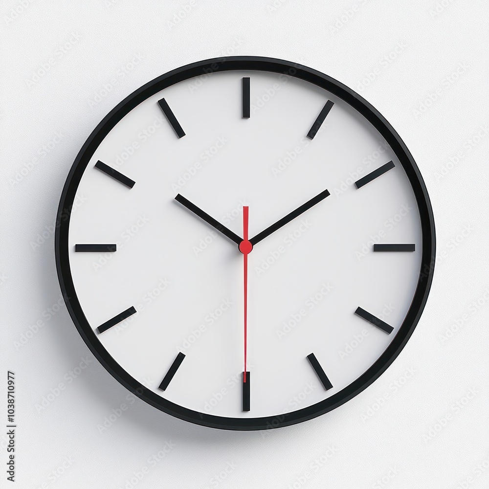 A minimalist wall clock displaying time with black and red hands on a white background. A minimalist wall clock displaying time with black and red hands on a white background.