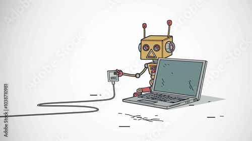 A simple cartoon of a robot holding an unplugged internet cable, looking slyly at the user,