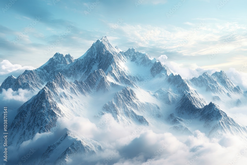 Majestic snowy mountain peaks rise above soft clouds in a serene sky view at sunrise Majestic snowy mountain peaks rise above soft clouds in a serene sky view at sunrise