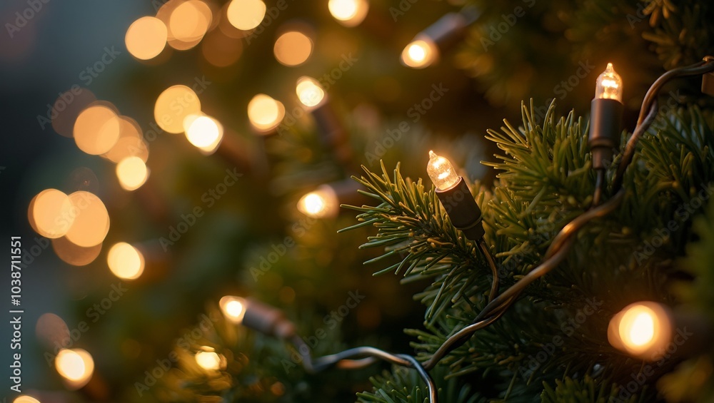 Festive pine garland with glowing Christmas lights for holiday copy Festive pine garland with glowing Christmas lights for holiday copy