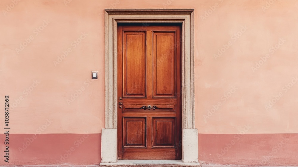 Classic Wooden Door with Elegant Frame on Pink Wall Classic Wooden Door with Elegant Frame on Pink Wall