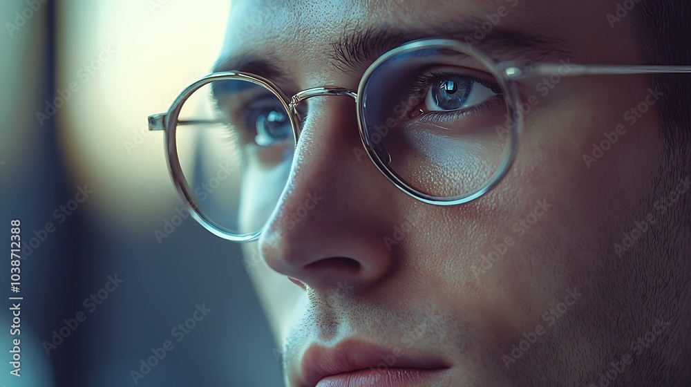 A close-up of a young man with glasses, showcasing his captivating blue eyes and thoughtful expression, set against a blurred backdrop. A close-up of a young man with glasses, showcasing his captivating blue eyes and thoughtful expression, set against a blurred backdrop.