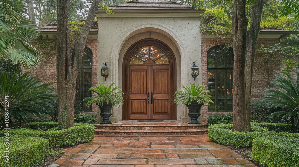 Elegant Entrance with Lush Landscaping and Archway Design Elegant Entrance with Lush Landscaping and Archway Design