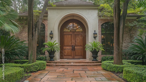 Elegant Entrance with Lush Landscaping and Archway Design