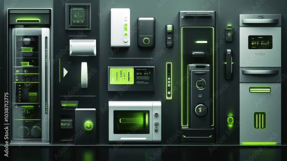 The concept of automated energy-efficient appliances in cool gray and vibrant green colors The concept of automated energy-efficient appliances in cool gray and vibrant green colors