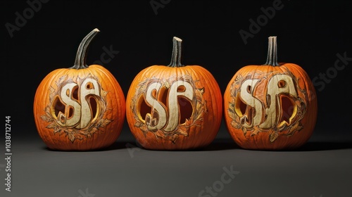 Pumpkins with Halloween decorations carved designs and festive ambiance dollar money symbold photo