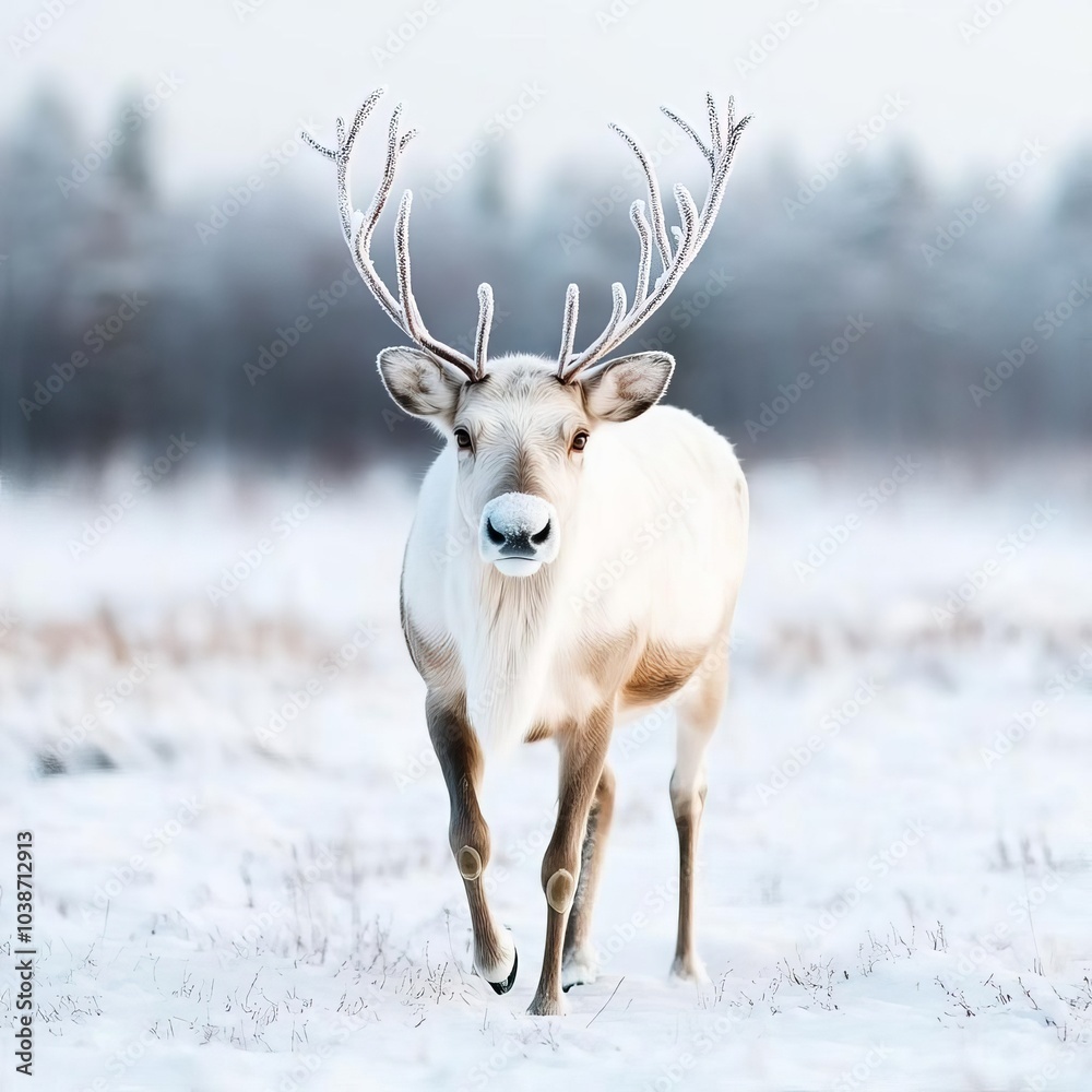 Obraz premium Reindeer with frosted antlers walking through a snowy meadow, peaceful Lapland day