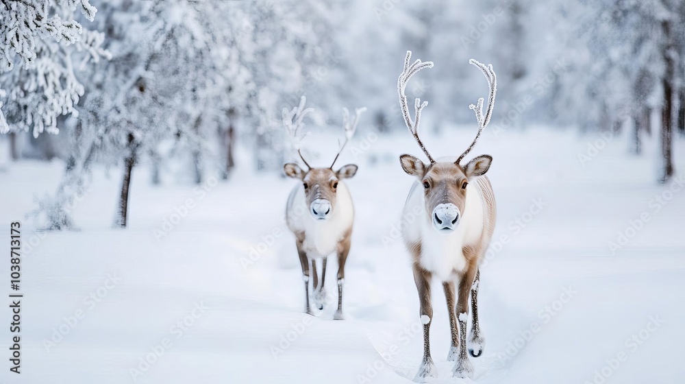 Reindeer with frosted fur walking through a snow-covered Lapland forest, serene winter wonderland Reindeer with frosted fur walking through a snow-covered Lapland forest, serene winter wonderland