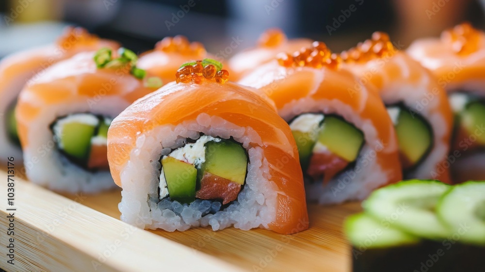 Fresh Sushi Rolls with Salmon and Avocado on Board Fresh Sushi Rolls with Salmon and Avocado on Board