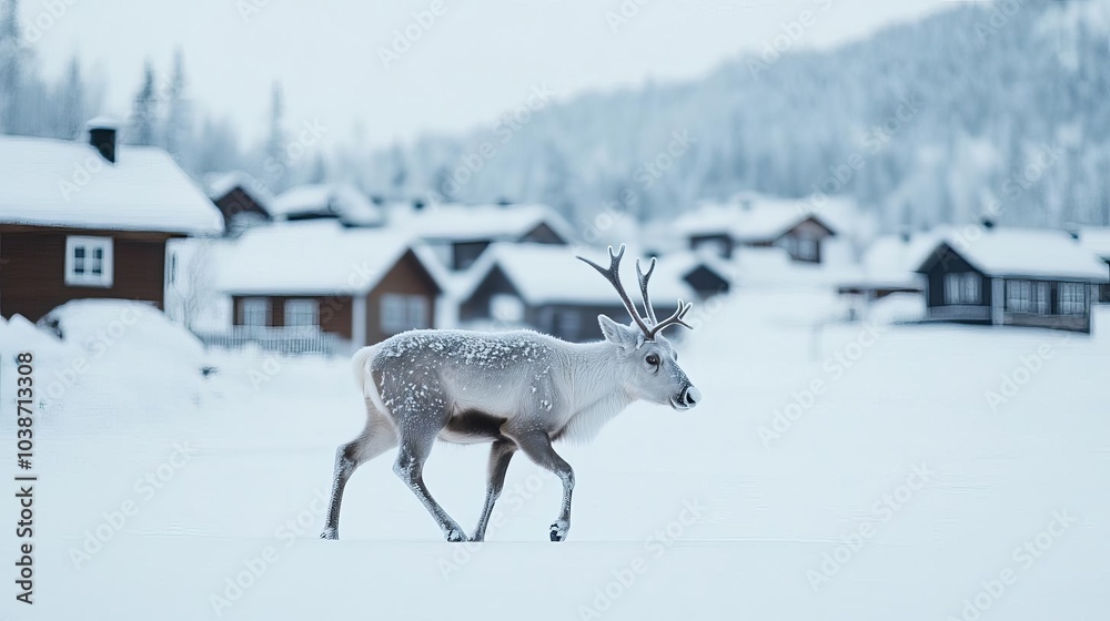 Reindeer with frosted fur walking through a quiet, snow-laden Lapland forest Reindeer with frosted fur walking through a quiet, snow-laden Lapland forest
