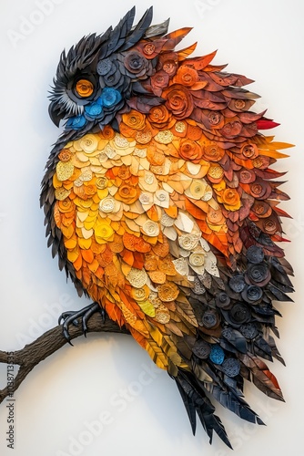 A colorful owl sculpture made from paper with a white background. photo