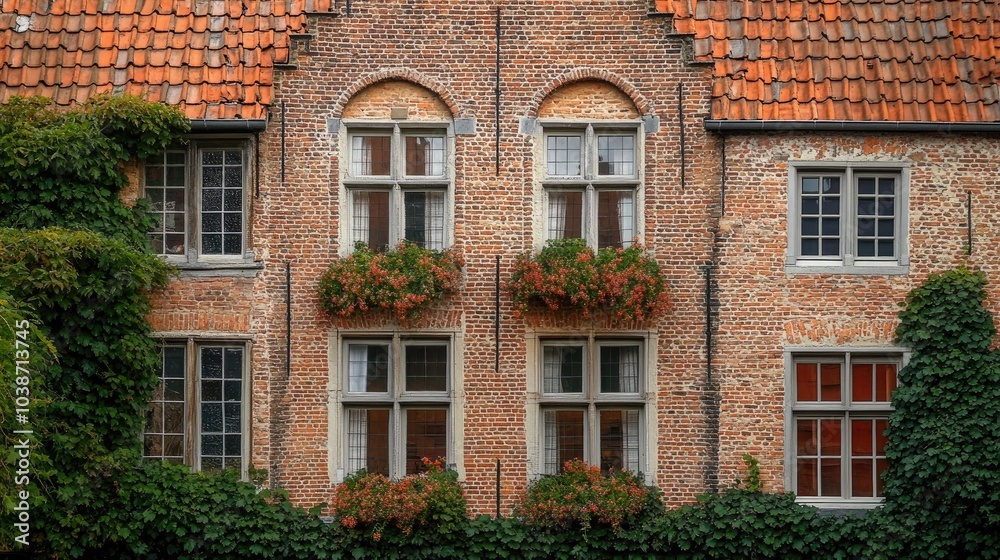 Charming Brick Facade with Flower Boxes and Greenery Charming Brick Facade with Flower Boxes and Greenery