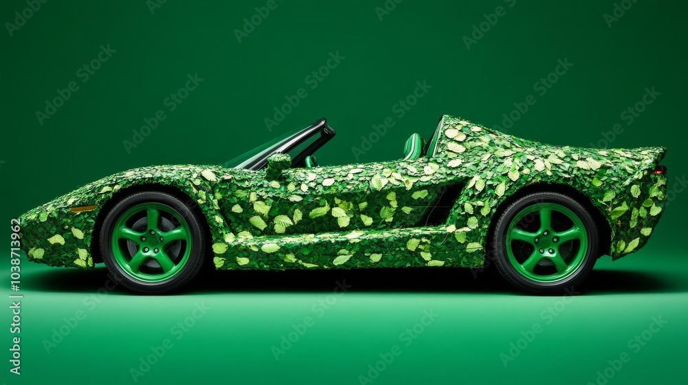 Naklejka premium Green Leaf Covered Convertible Sports Car, eco-friendly ,sustainable car