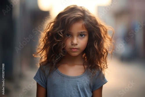 Portrait of a cute little girl with long curly hair in the street.