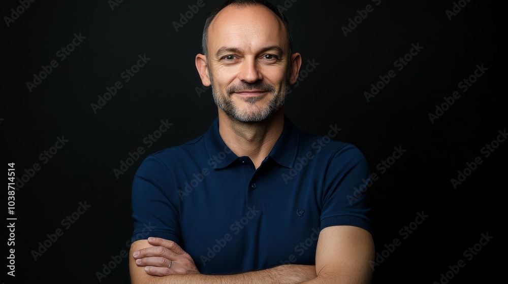 Fototapeta premium Portrait of a Man with Arms Crossed, Smiling, Blue Polo Shirt, Dark Background, headshot, portrait , portrait photography