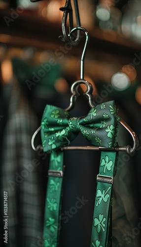 Stylish Green Bow Tie and Suspenders with Shamrock Patterns for St. Patrick's Day Celebrations photo