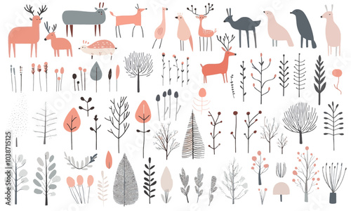 Hello winter. Set of vector cute illustrations of trees, leaves, mushroom, animal, botany, winter set