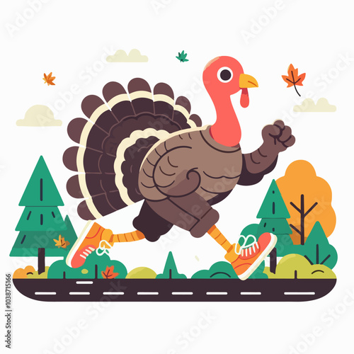 cartoon turkey is running on a road with leaves on the ground