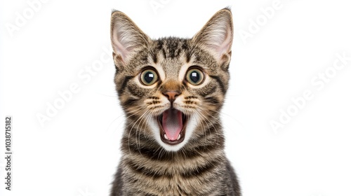 Surprised Tabby Kitten with Open Mouth, White Background, Close Up, Portrait, Pet, Cat