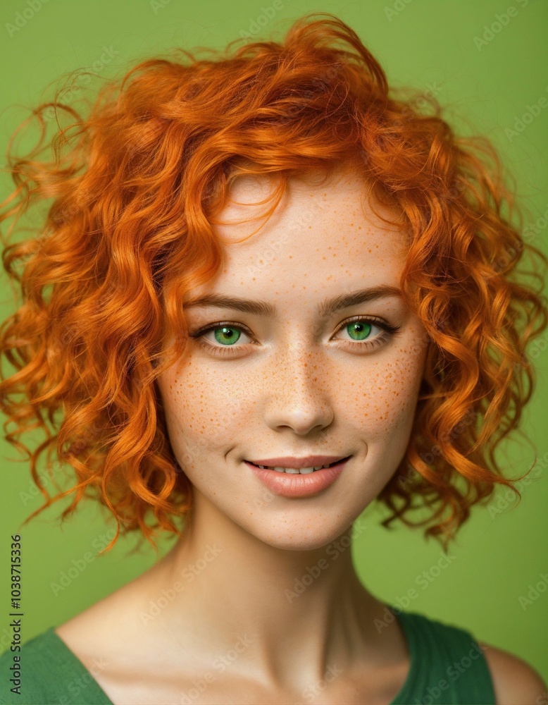 Fototapeta premium Beautiful red-haired girl with bright green eyes on a green background