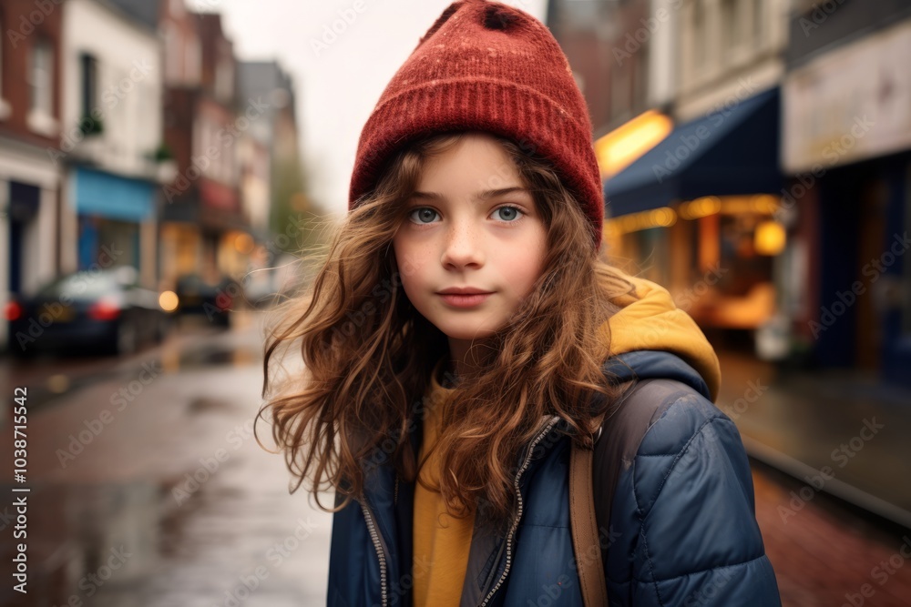 Portrait of a cute little girl in a red hat in the city Portrait of a cute little girl in a red hat in the city