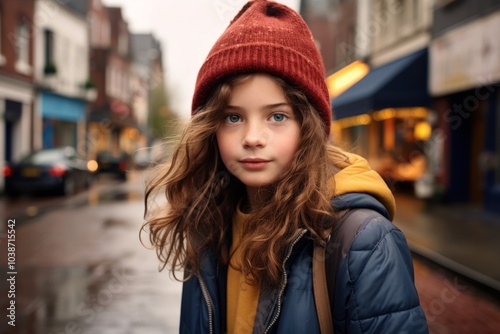 Portrait of a cute little girl in a red hat in the city