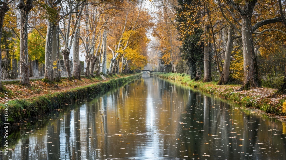 Peaceful autumn canal view with trees reflecting in still water during a calm day Peaceful autumn canal view with trees reflecting in still water during a calm day