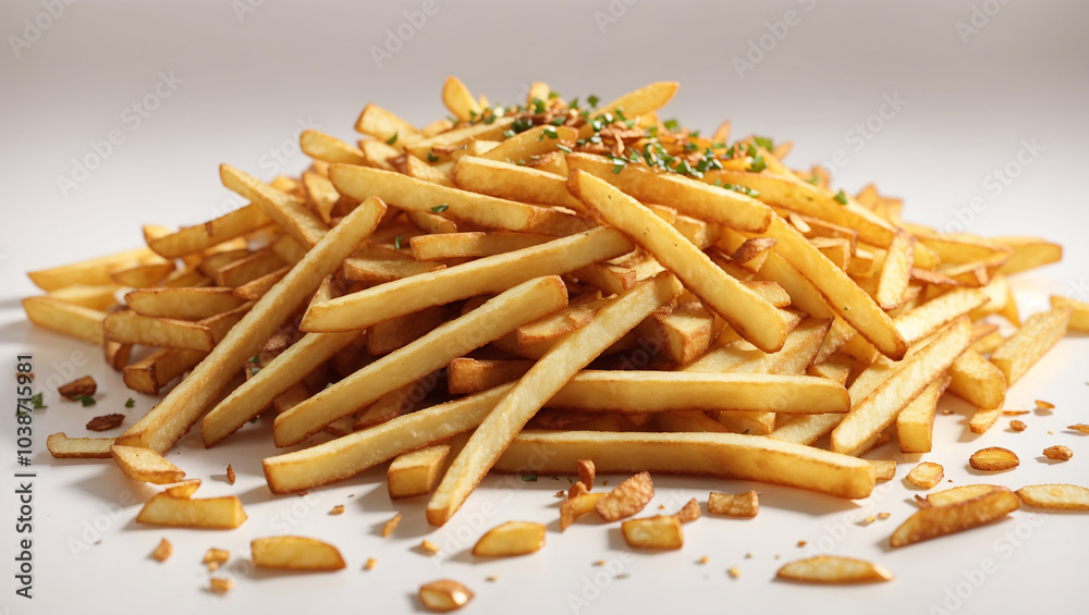 A pile of golden brown french fries, some sprinkled with bits.
A pile of golden brown french fries, some sprinkled with bits.
