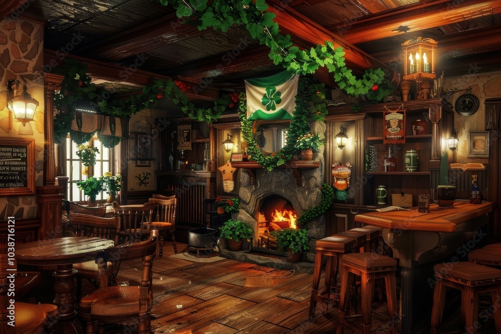 Cozy Irish Pub Interior with Shamrock Decor for St. Patrick's Day Evening Celebrations Cozy Irish Pub Interior with Shamrock Decor for St. Patrick's Day Evening Celebrations