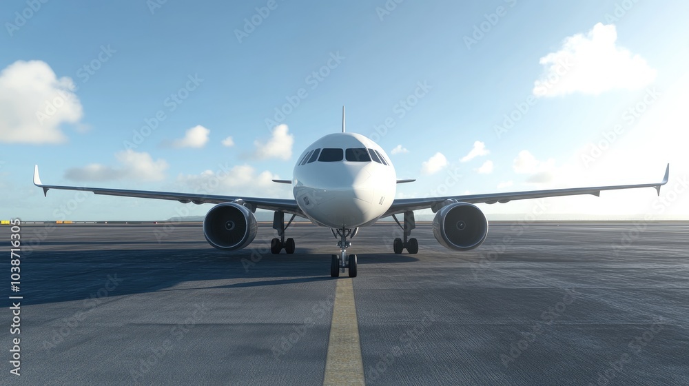 Modern Airplane on Runway Under Bright Sky Modern Airplane on Runway Under Bright Sky