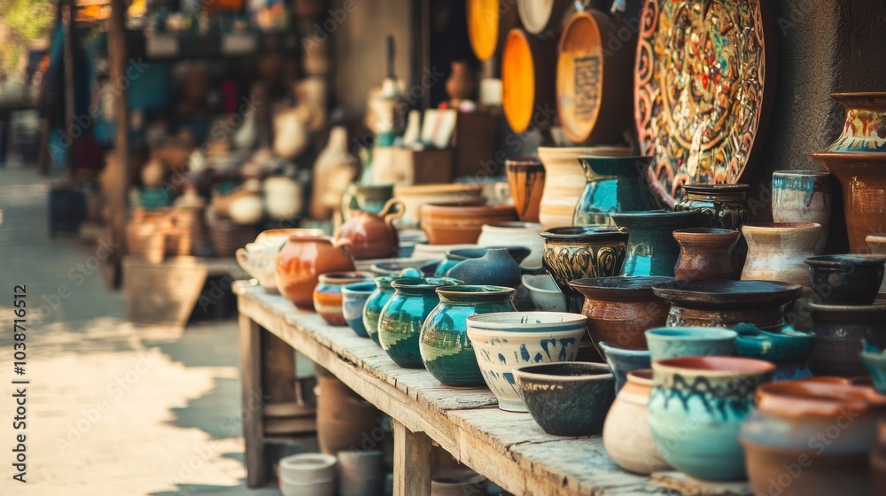 Fototapeta premium A vibrant pottery market with pottery vendors and ceramic artworks, Pottery displays and artisanal pottery pieces set up for artistic appreciation, Classic photo of