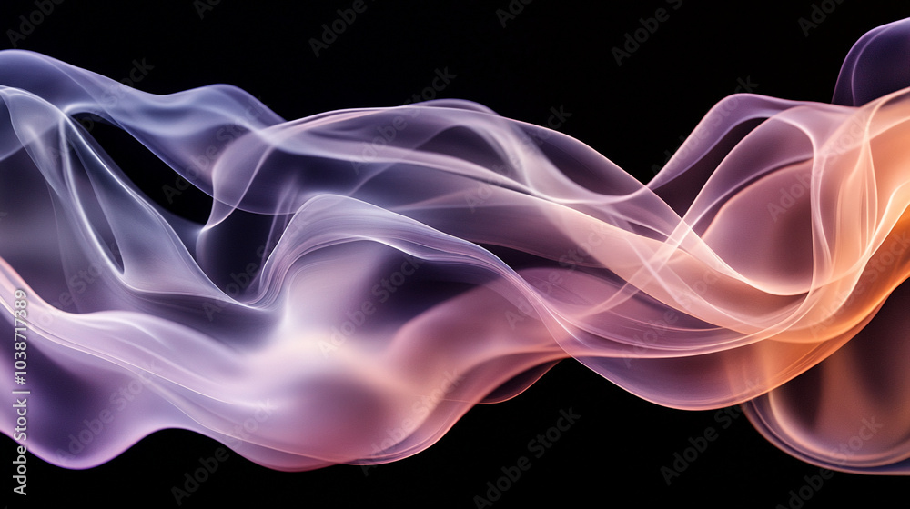 Fototapeta premium Abstract smoke swirls in shades of purple and orange against a black background. Abstract art illustration