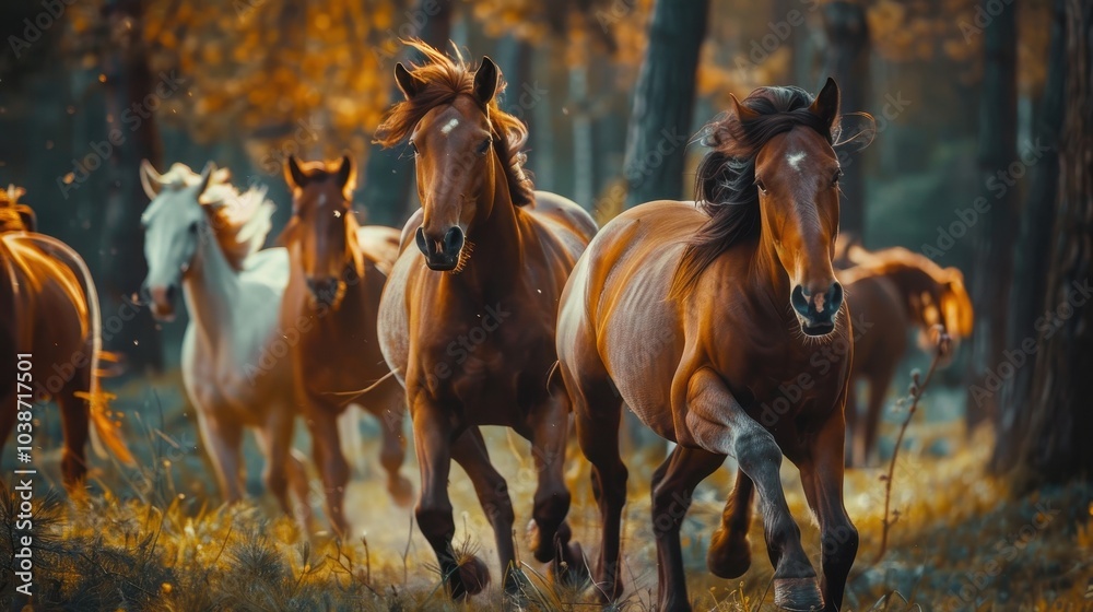 Herd of galloping horses in vibrant autumn forest with golden foliage capturing the essence of wild freedom and nature's beauty Herd of galloping horses in vibrant autumn forest with golden foliage capturing the essence of wild freedom and nature's beauty
