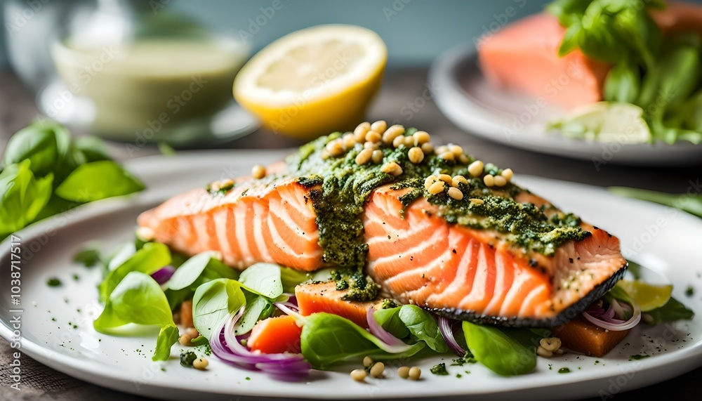 Baked salmon steamed with pesto and fresh salad
Baked salmon steamed with pesto and fresh salad