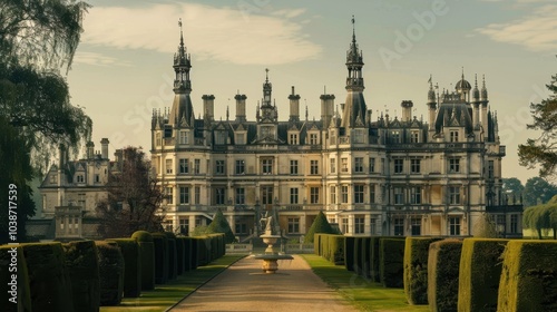 Majestic Burghley House surrounded by manicured gardens and lush landscapes under a clear sky in early morning light photo