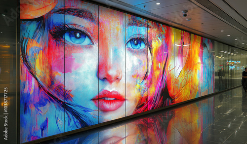 AI generator image of colorful advertising signs along the walkway