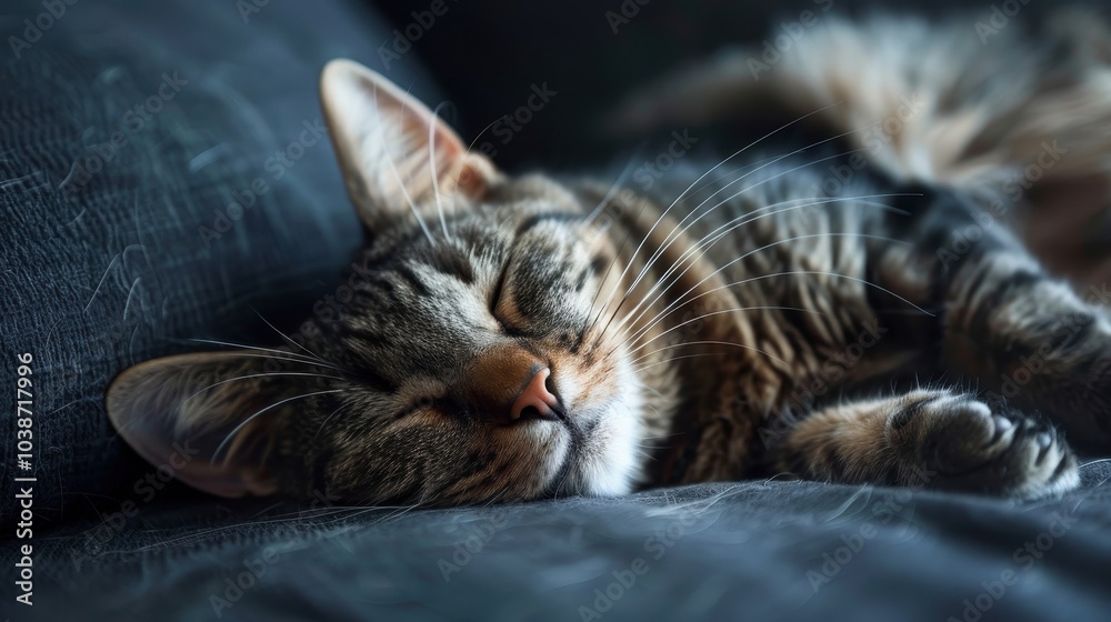 A peaceful tabby cat resting on a cozy sofa, embracing tranquility in a soft, shadowy atmosphere during the early afternoon A peaceful tabby cat resting on a cozy sofa, embracing tranquility in a soft, shadowy atmosphere during the early afternoon