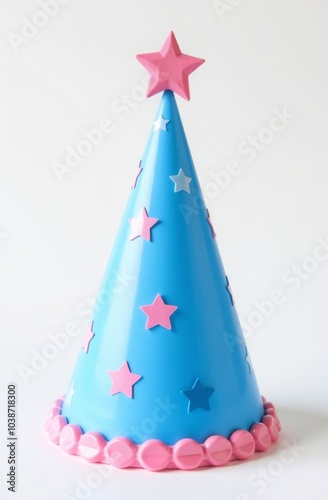 Colorful blue party hat with pink and white stars on white background