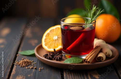 Traditional ingredients for making mulled wine: cinnamon sticks, nutmeg, cardamom, ginger root, star anise, kumquat, candied orange and lemon. A set of spices for making mulled wine