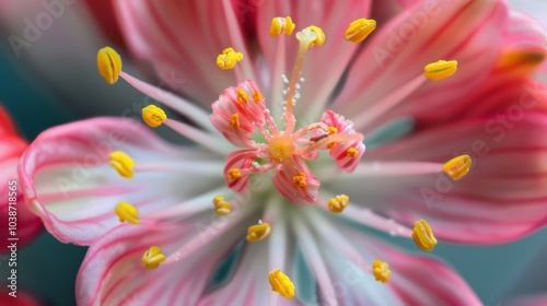 Delicate compound pistil with pink and white petals showcasing intricate floral structure in bright daylight
