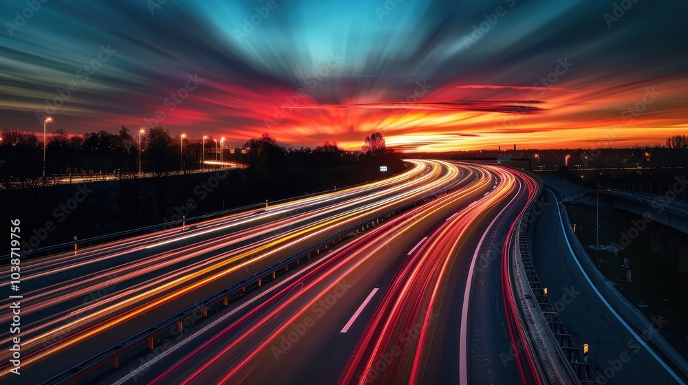 Breathtaking sunset over a busy highway with streaks of car lights at dusk Breathtaking sunset over a busy highway with streaks of car lights at dusk
