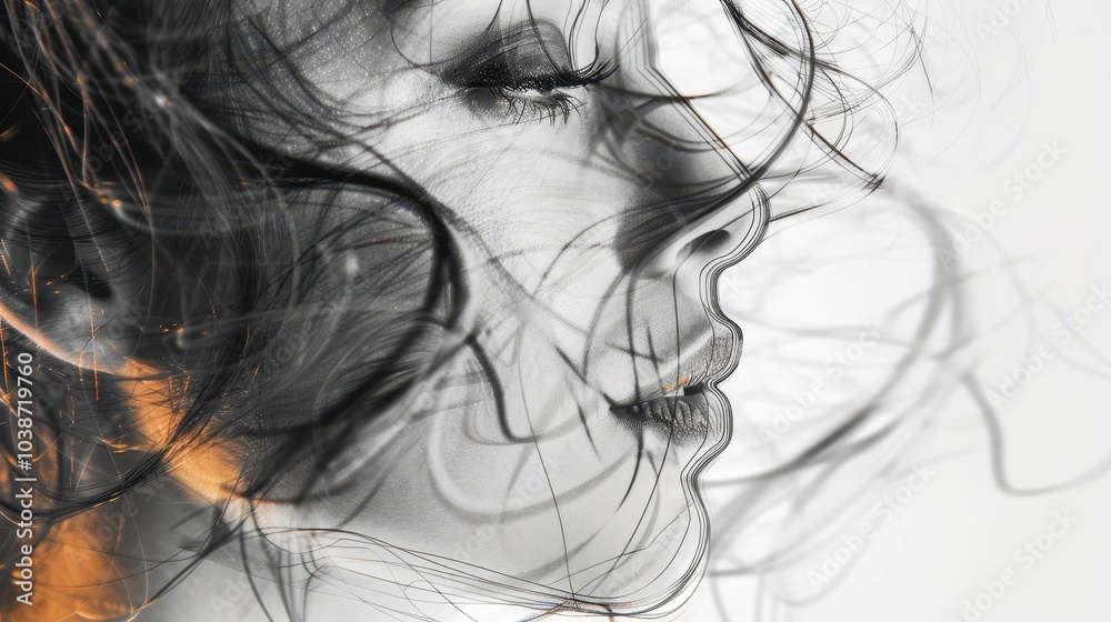 A woman with flowing hair lost in thought, showcasing an artistic blend of light and shadow in a creative portrait