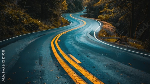 Curvy road winding through lush forest landscape on a rainy day, capturing the beauty of downshifting to nature photo