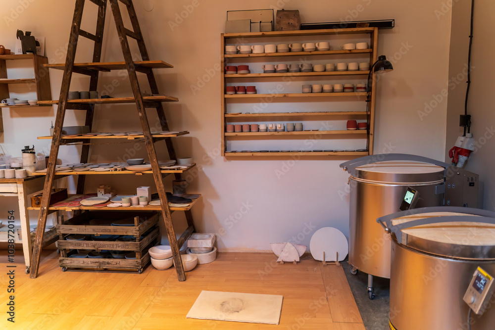 A ceramic workshop featuring shelves filled with pottery, a pottery wheel, and kilns.