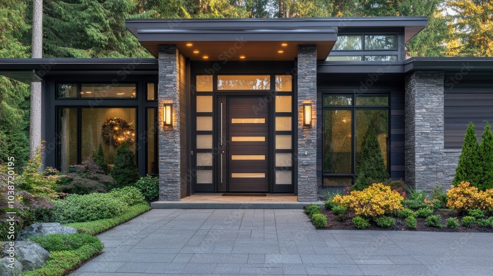 Modern Home Entrance with Stone and Glass Features