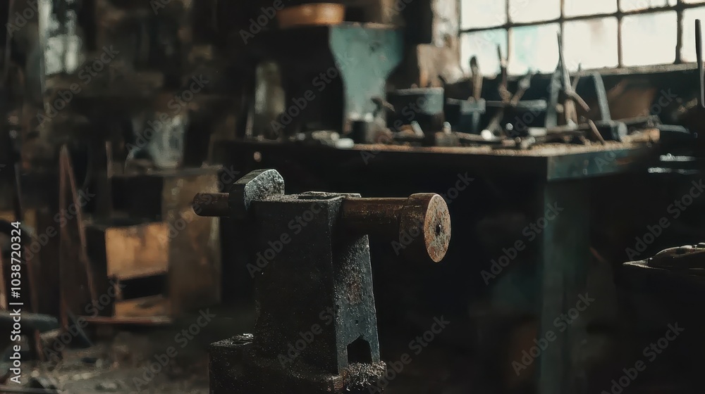 Antique Metalworking Tools in Rustic Workshop Setting Antique Metalworking Tools in Rustic Workshop Setting