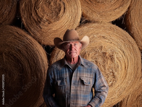 Photography of rancher in front of hay bales on farm