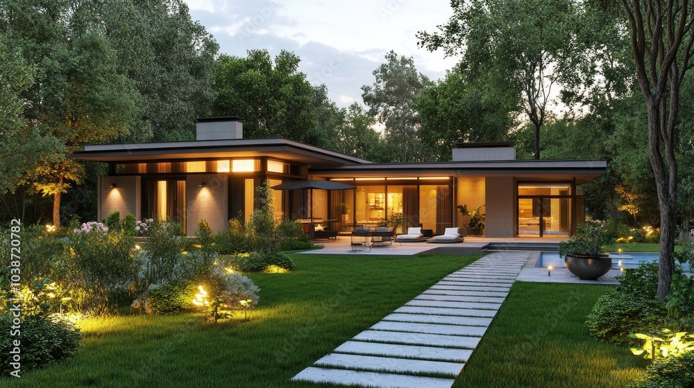 Modern Home Surrounded by Lush Greenery and Bright Lights Modern Home Surrounded by Lush Greenery and Bright Lights