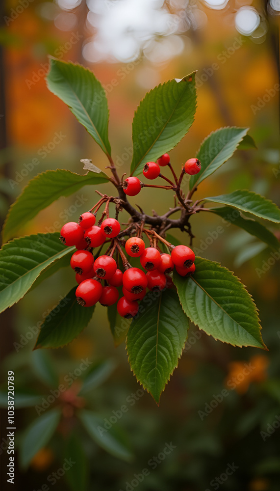 Obraz premium Bright red rowan berries on green leaves in fall colors 