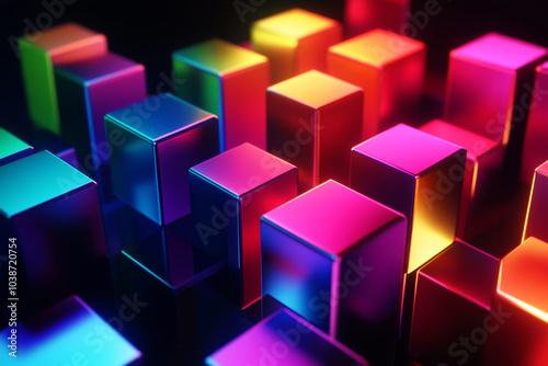 Abstract futuristic background with colorful glowing neon cubes in vibrant colors. Minimalistic technology backdrop